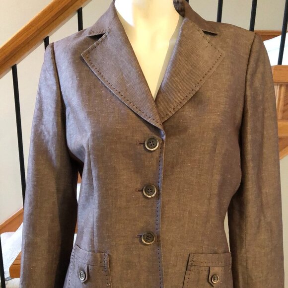Tahari Arthur S. Levine Vintage 3 Button Linen Poly Visc Lined Blazer Brown Sz 8 - Picture 1 of 5